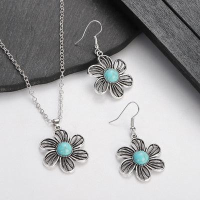 Vintage Flower Dangle Earring Set - Bohemian Turquoise Silver Jewelry