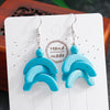 Turquoise earrings on a white card with 'Handmade' text, against a blurred background.