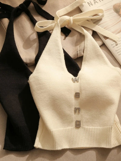 Sexy Cross Vest Crop Top - Knitted Off Shoulder V-Neck Backless Tank Halter Y2K Camisole 2025