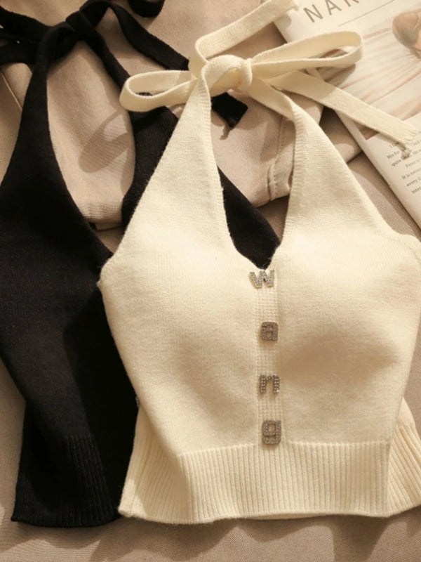 Sexy Cross Vest Crop Top - Knitted Off Shoulder V-Neck Backless Tank Halter Y2K Camisole 2025