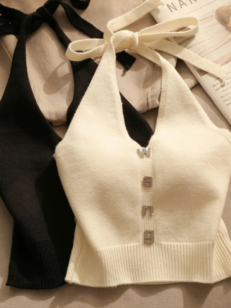 Sexy Cross Vest Crop Top - Knitted Off Shoulder V-Neck Backless Tank Halter Y2K Camisole 2025
