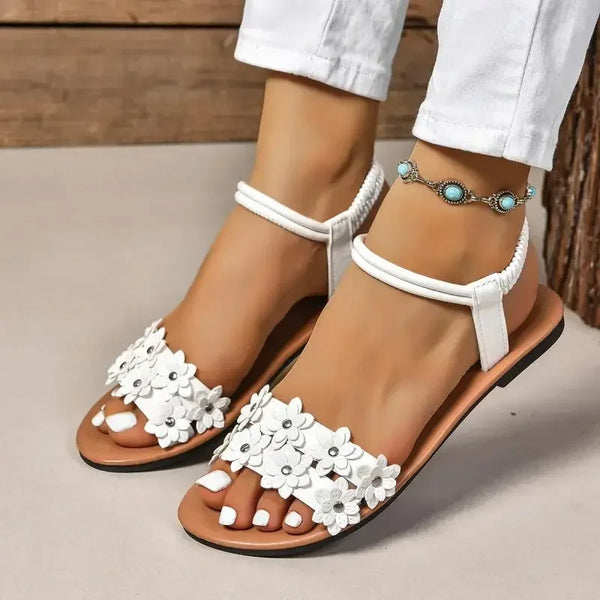 Floral Bohemian Flat Sandals - Lightweight Summer Beach Shoes with Flower Details