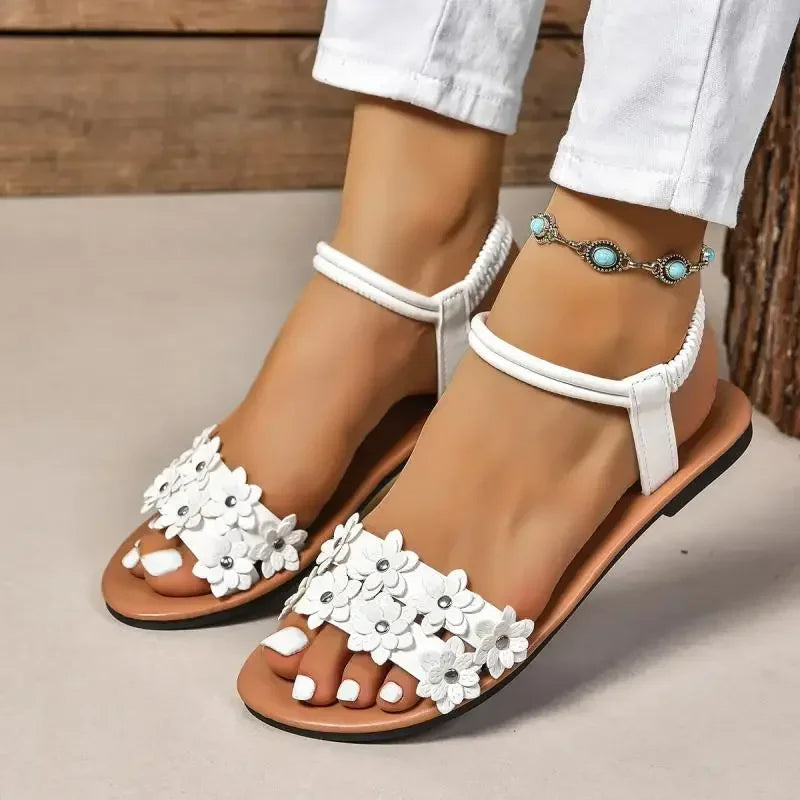 Floral Bohemian Flat Sandals - Lightweight Summer Beach Shoes with Flower Details