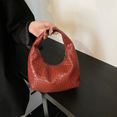 Woven Embossed Leather Hobo Bag - Classic Top Handle Shoulder Handbag