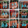 Collage of various pairs of turquoise earrings on stands with a blurred background.