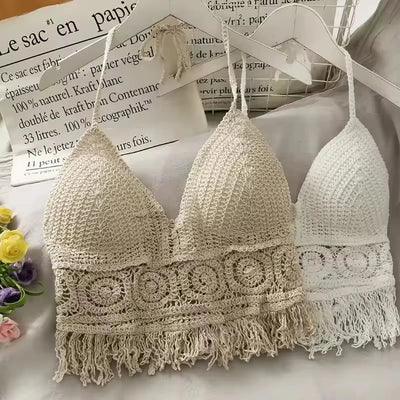 Boho Crochet Halter Top - Backless Knit Crop Top with Tassels
