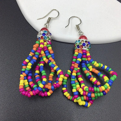 Colorful Rice Beads Crystal Drop Earrings - Handmade Retro Bohemian Jewelry