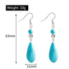 Turquoise teardrop earrings with measurements and weight displayed on a white background