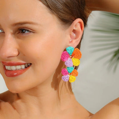 Bohemian Raffia Flower Drop Earrings - Handmade Summer Beach Jewelry