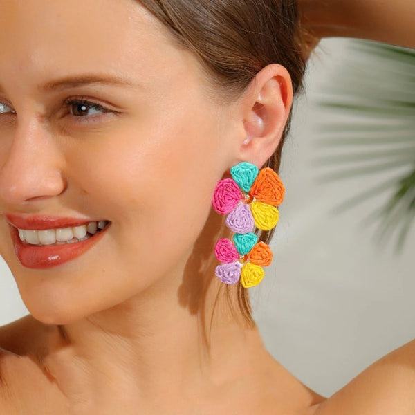 Bohemian Raffia Flower Drop Earrings - Handmade Summer Beach Jewelry