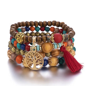 4-Piece Tree of Life Beaded Bracelet Set - Bohemian Wood Charm Bracelets
