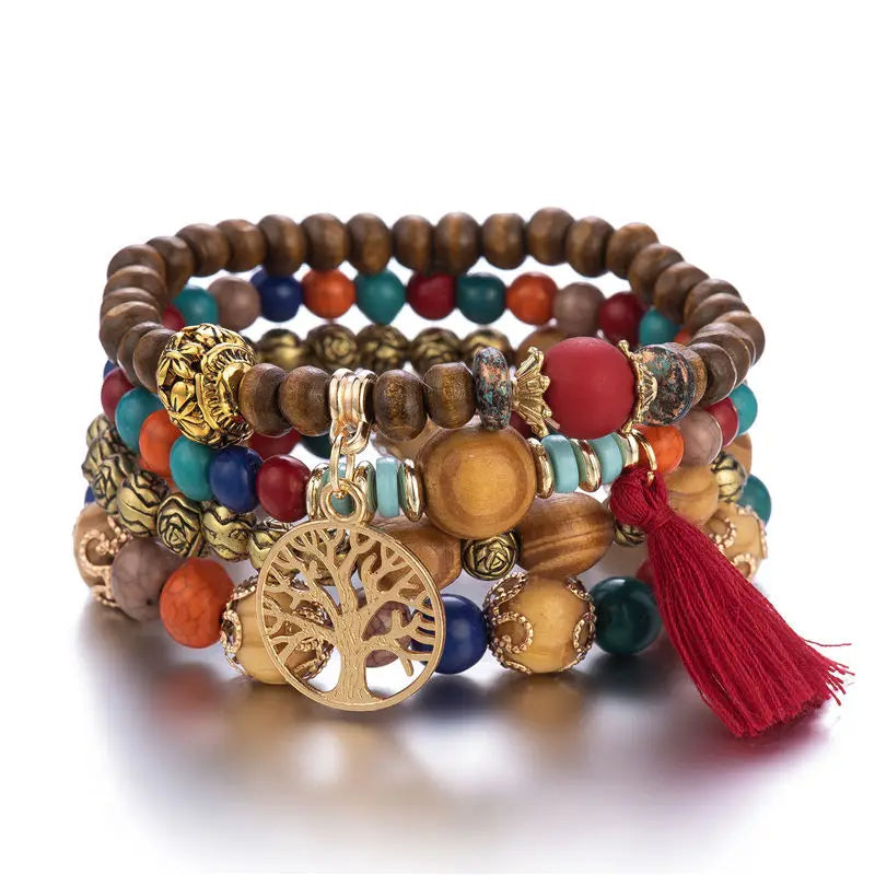 4-Piece Tree of Life Beaded Bracelet Set - Bohemian Wood Charm Bracelets