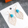 Gold leaf earrings with turquoise stones on a white card, placed on a gray surface.