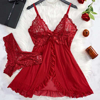 Red Sling Transparent Lace Lingerie Set - Sexy Nightdress with Panty