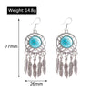 Pair of earrings with turquoise stones and feather details, shown with measurements and weight on a white background.