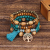 4-Piece Tree of Life Beaded Bracelet Set - Bohemian Wood Charm Bracelets