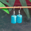 Turquoise cylindrical earrings on a stick with green leaves in the background