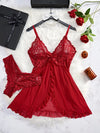 Red Sling Transparent Lace Lingerie Set - Sexy Nightdress with Panty