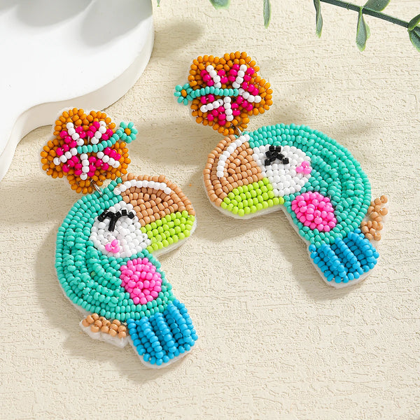 Handmade Rice Beads Bird Earrings - Colorful Animal Drop Earrings