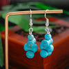 Turquoise beaded earrings on a stand with a blurred green plant background