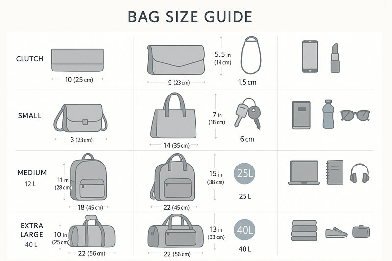 generate a detailed size guide for bags..