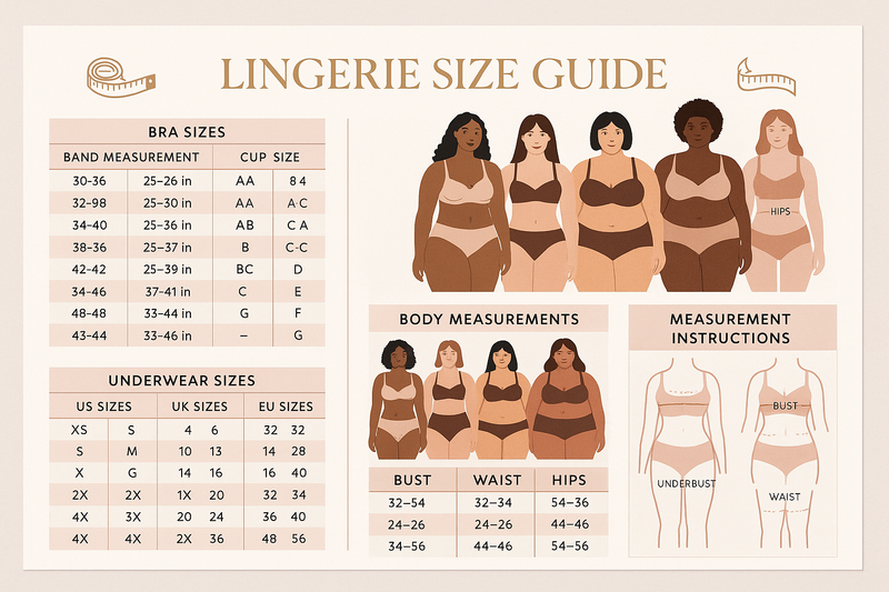 generate a size guide for lingerie for all body type