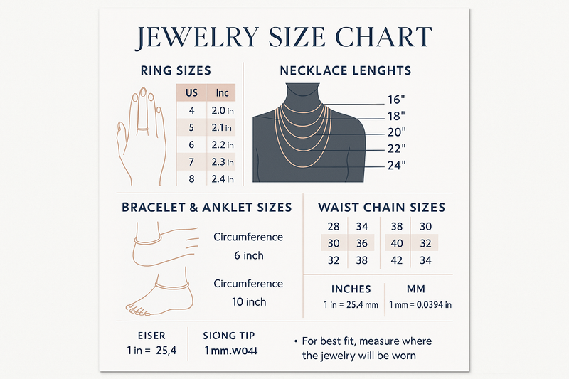 i  need size chart for picking jewelry, hand, neck, leg  and waist