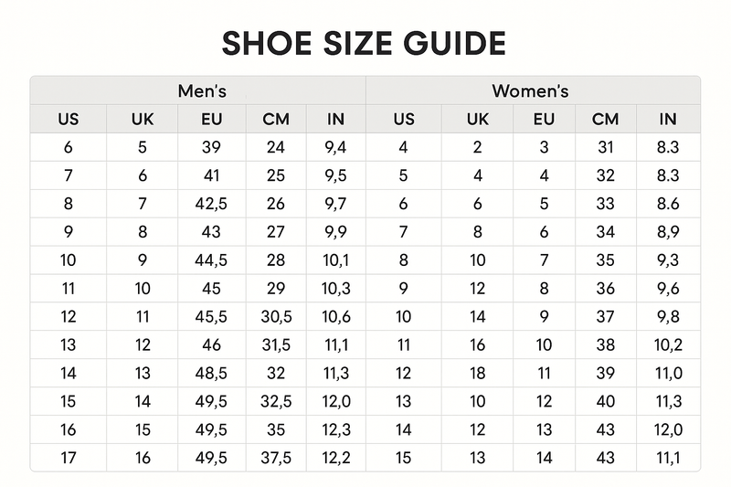 i need size guide for shoes for all foot 